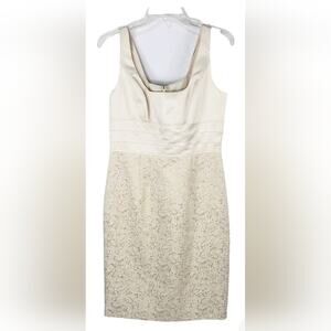 Adrianna Papell Dress Womens 8 White W/Gold embroidery Cocktail elegant classic